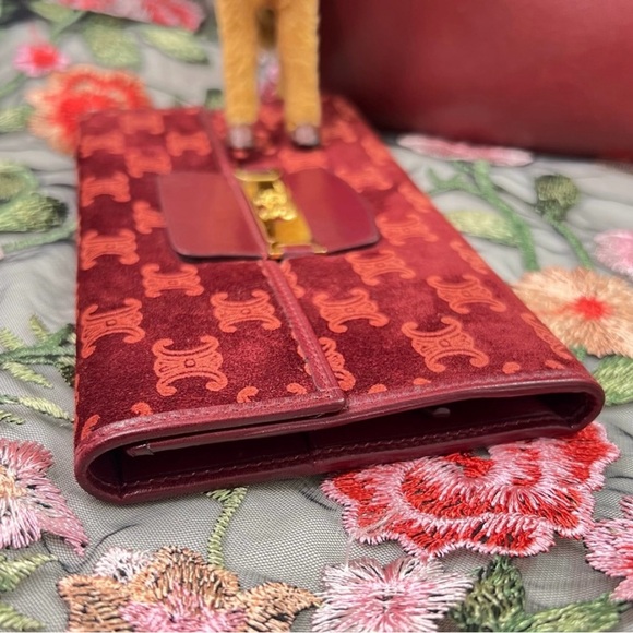 Auth CELINE Wallet • Authentic Triomphe Horse Carriage Monogram in Suede Maroon - Picture 4 of 8
